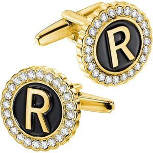 A-Z Initial Cufflinks for Men and Women with Clear Crystal, Gold Silver Color